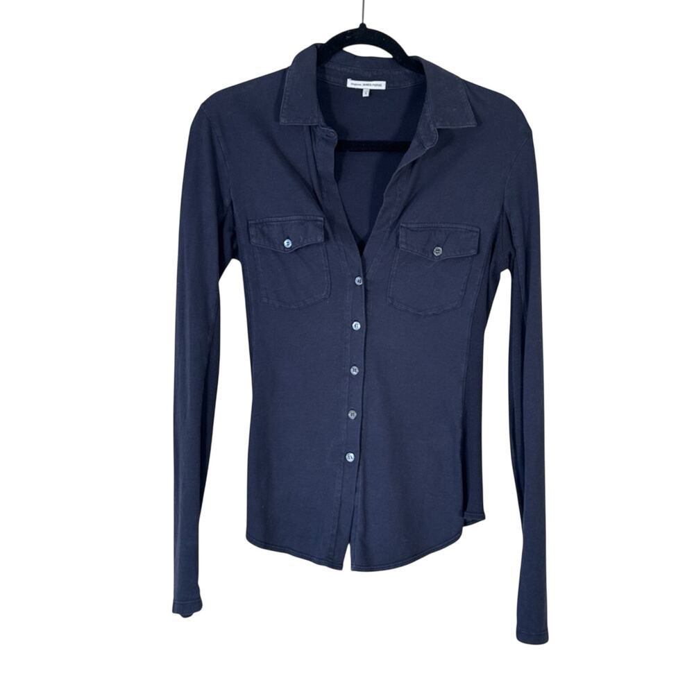 James Perse Blue Henley Sweater Womens S Casual Preppy Classic Navy Ling Sleeve